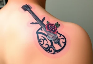 A detailed electric guitar with silver strings, draped in chains, with a rose blooming from the neck, symbolizing the power of love and music together tattoo idea