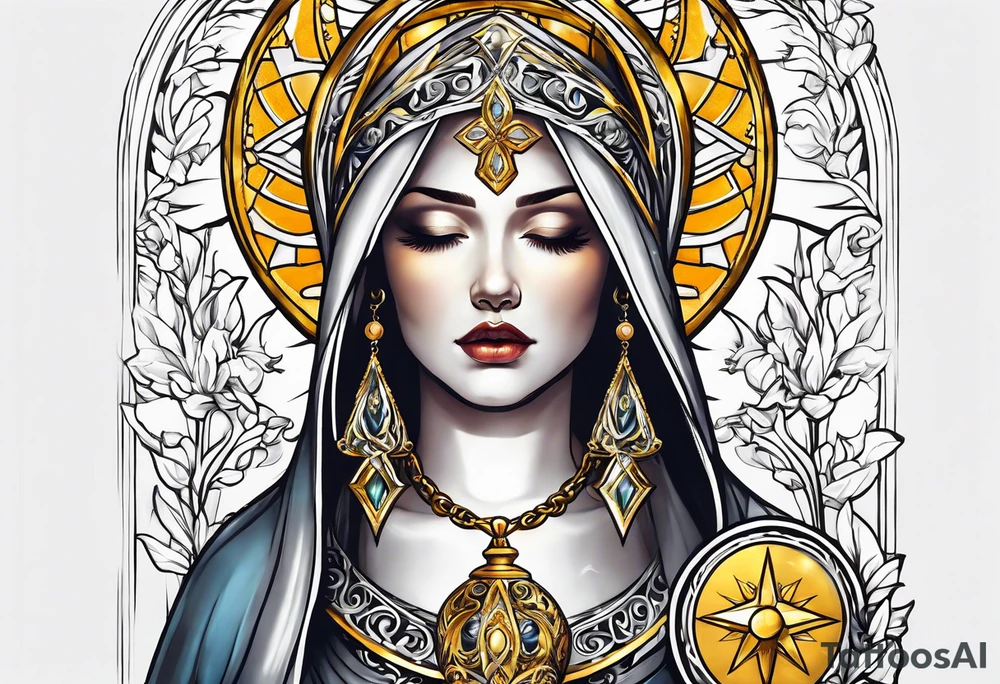 holy saint woman turned away with golden halo holding a chalice tattoo idea