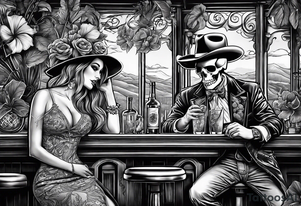 a bar scene with a skeleton couple with hibiscus flowers. western style tattoo idea