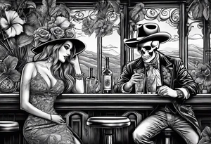 a bar scene with a skeleton couple with hibiscus flowers. western style tattoo idea