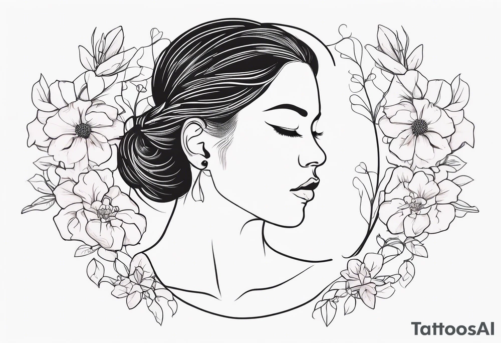 fine line tattoo with woman with flowers growing out of her head tattoo idea