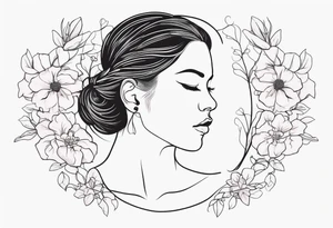fine line tattoo with woman with flowers growing out of her head tattoo idea
