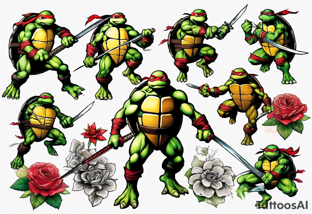teenage mutant ninja turtles fighting with floral accents tattoo idea