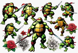 teenage mutant ninja turtles fighting with floral accents tattoo idea