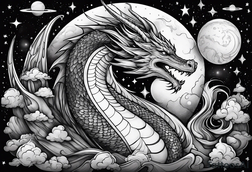 Wizard dragon in space planets tattoo idea