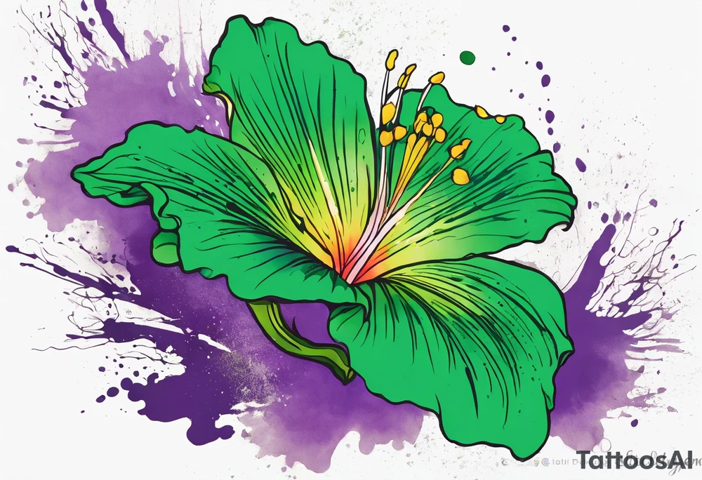 An outline of a green rio dipladenia flower and a green/purple watercolor splash in the background tattoo idea