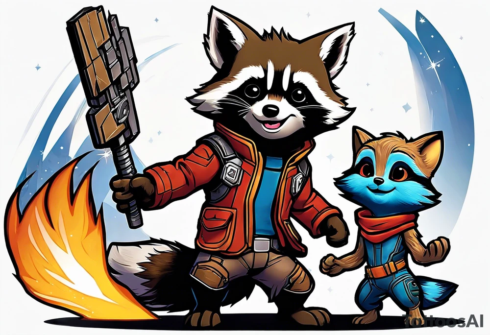 Disney guardians of the galaxy rocket playing with little groot tattoo idea