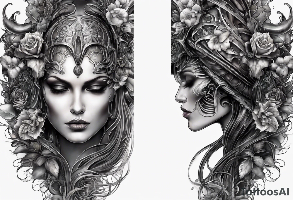 H.R. Giger tattoo with realistic evil skull, various flowers, water and fall colors tattoo idea
