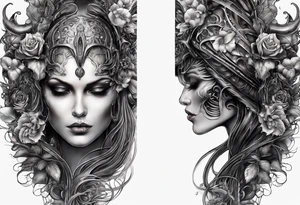 H.R. Giger tattoo with realistic evil skull, various flowers, water and fall colors tattoo idea