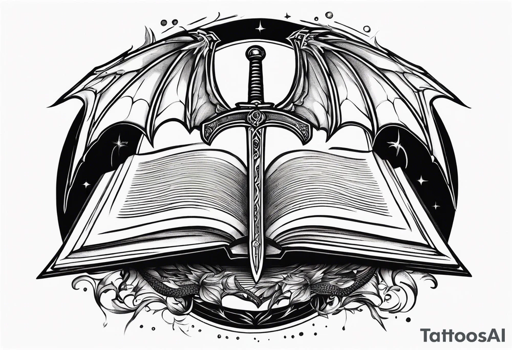 an empty open book with a sword through it, dragonwings and sparks surrounding the book. small design tattoo idea