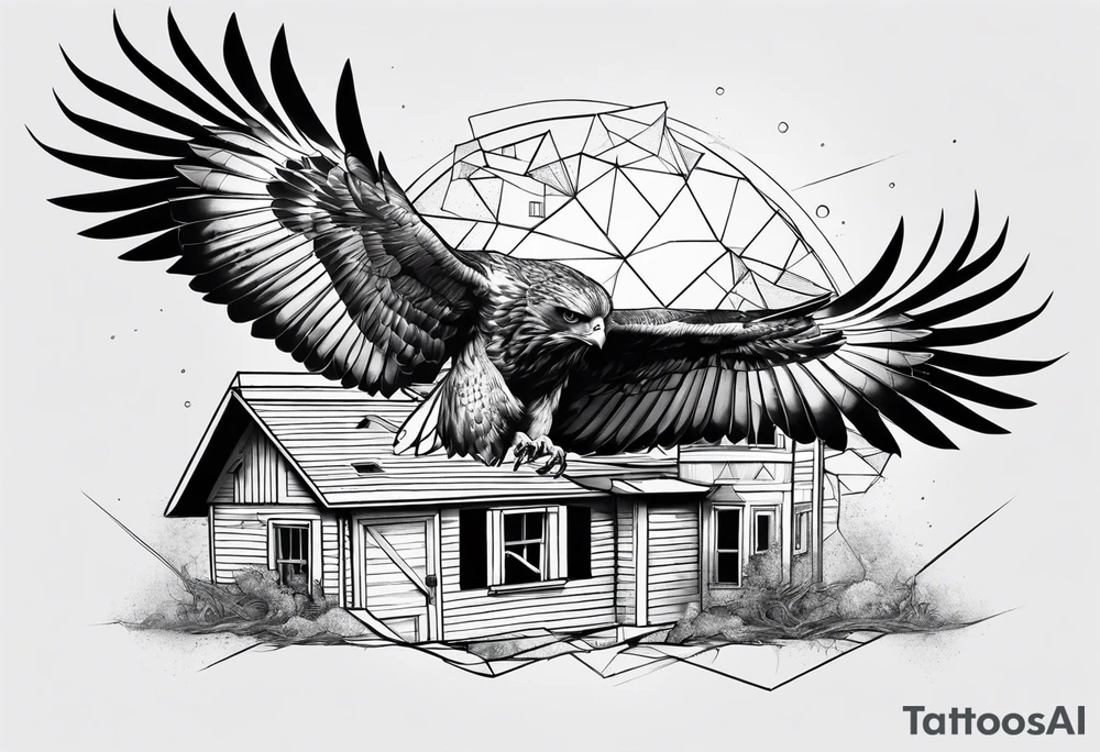 Hawk taking off from collapsing house tattoo idea