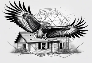 Hawk taking off from collapsing house tattoo idea