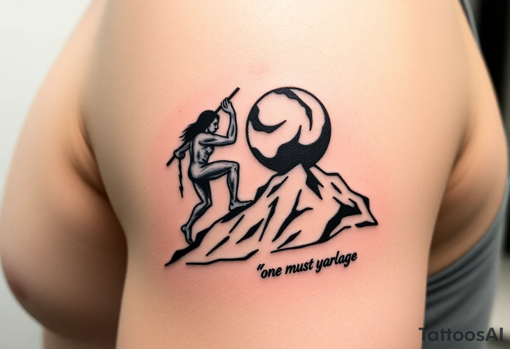 I want to get a tattoo. Unsure of where so give me ideas. It’s centered around the myth of Sisyphus and need help with how to design it. But I know I want it to resemble the story so maybe a man pushing a boulder up a hill with a couple other tiny details. Then I want the words from the quote “one must imagine Sisyphus happy.” I want ideas for a design that will encapsulate the story of Sisyphus tattoo idea