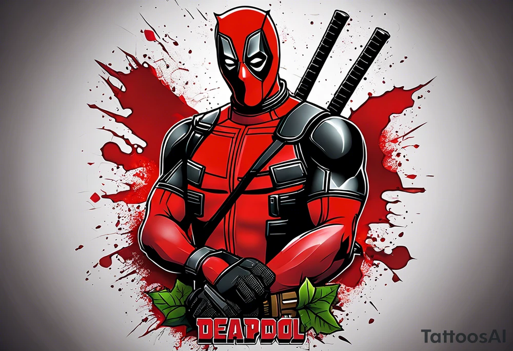 Banner with Text: A worn, dark banner wraps around Deadpool with the phrase "NEVER DEAD" in bold, cracked letters that give a strong and aggressive impression. The banner has small torn details, as if it’s been through rough conditions, with shading that adds depths. tattoo idea