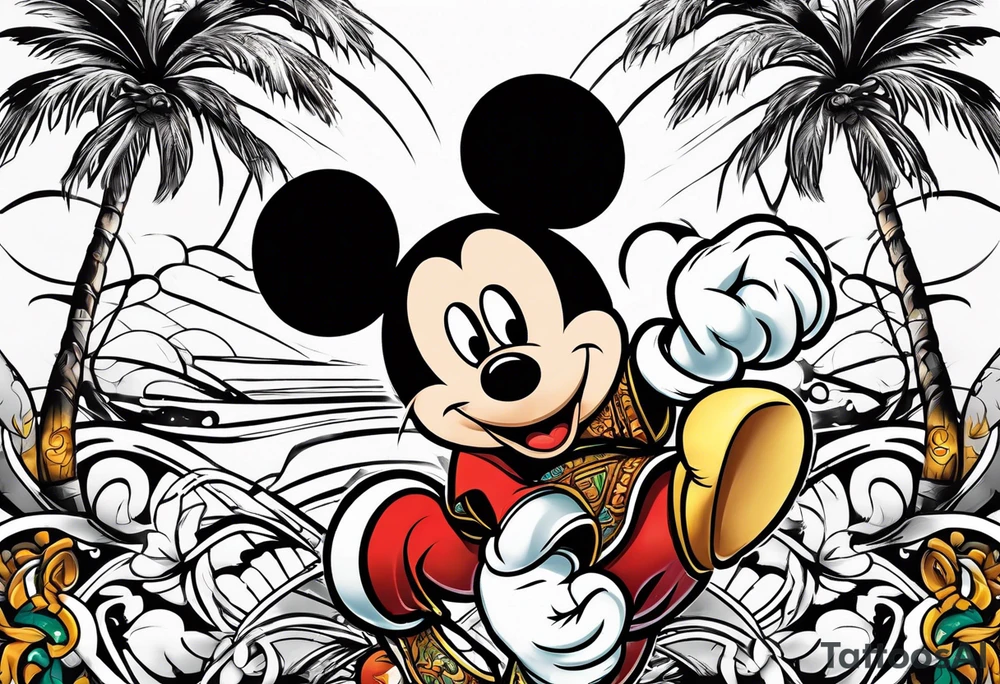 mickey mouse doing martial arts with palm trees, lightning storm and the celtic symbol for family tattoo idea