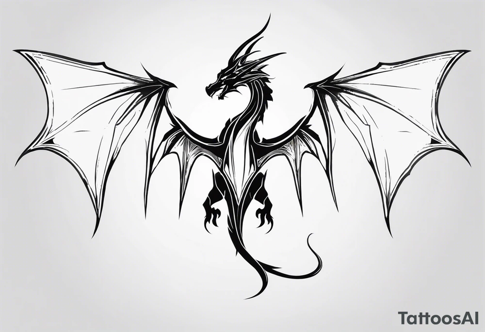 Symmetrical, Realistic dragon, facing forward. With both wings spread out. Torn look to wings. Tails wraps down and has a morning star weapon at the end of tail. The tattoo would be suitable for the centre of a chest tattoo idea