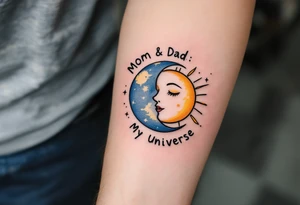 A whimsical sun and moon design in yellow and navy with “Mom & Dad: My Universe” circling it. tattoo idea