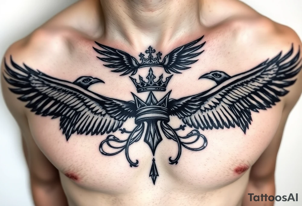 Chest tattoo, two ravens and icelandic symbols, dark brest tattoo, crown betwen ravens tattoo idea