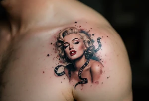 Realistic Marilyn tattoo surrounded by vintage film reels and sepia-toned highlights. tattoo idea