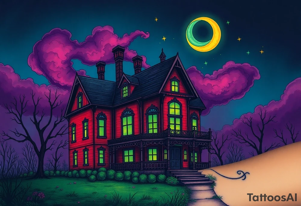 Tim Burton’s haunted victorian home is abandoned and dripping with muted reds, dusty pinks, and eerie green glow.purple and cyan smokey clouds swirl in the crescent moonlit sky thats sprinkled with stars tattoo idea tattoo idea