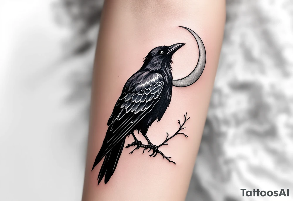 Mystic Black Crow with Crescent Moon – A sleek black crow perched on a branch, silhouetted against a silver crescent moon. Fine-line style with subtle gray shading. tattoo idea