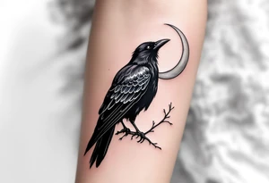 Mystic Black Crow with Crescent Moon – A sleek black crow perched on a branch, silhouetted against a silver crescent moon. Fine-line style with subtle gray shading. tattoo idea