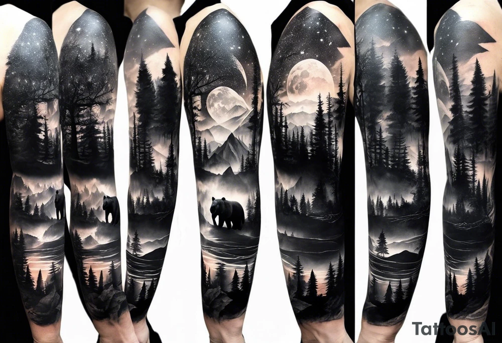 Full sleeve tattoo in black and white colore. The design should include space, stars, forest, sunset, mountains, cliffs, waterfall, water, ocean, wild animals (bear, wolves, elephant), and inserts of triangles and geometric figures. I have two children – a son, Sergei (the eldest), and a daughter, Anna, who live with me and my wife. But I also have another daughter, Marianna, whom I haven't seen for a long time and eagerly await to meet. The tattoo should symbolize love and protection for my children and family, the desire to secure their future, and confidence in tomorrow. It should reflect the notion of not looking back, but always moving forward and achieving goals! tattoo idea