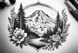 mount rainier with flowers around it tattoo idea