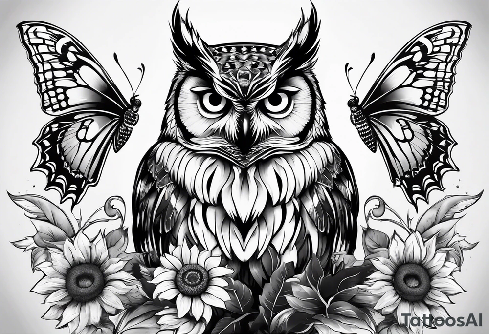 Owl, sunflower with a butterfly tattoo idea