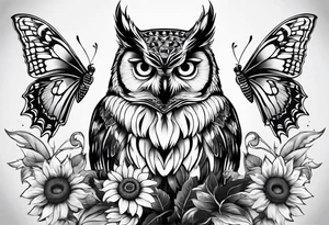 Owl, sunflower with a butterfly tattoo idea