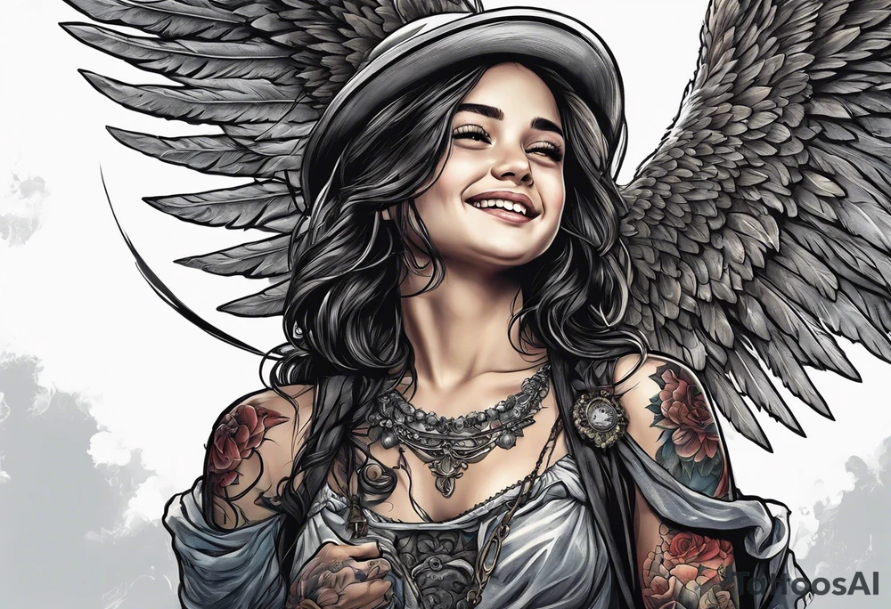 Kid smiling looking up at angel of death tattoo idea