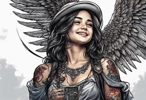 Kid smiling looking up at angel of death tattoo idea
