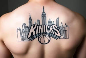 Hyper realistic, New York City cityscape with New York knicks logo tattoo idea