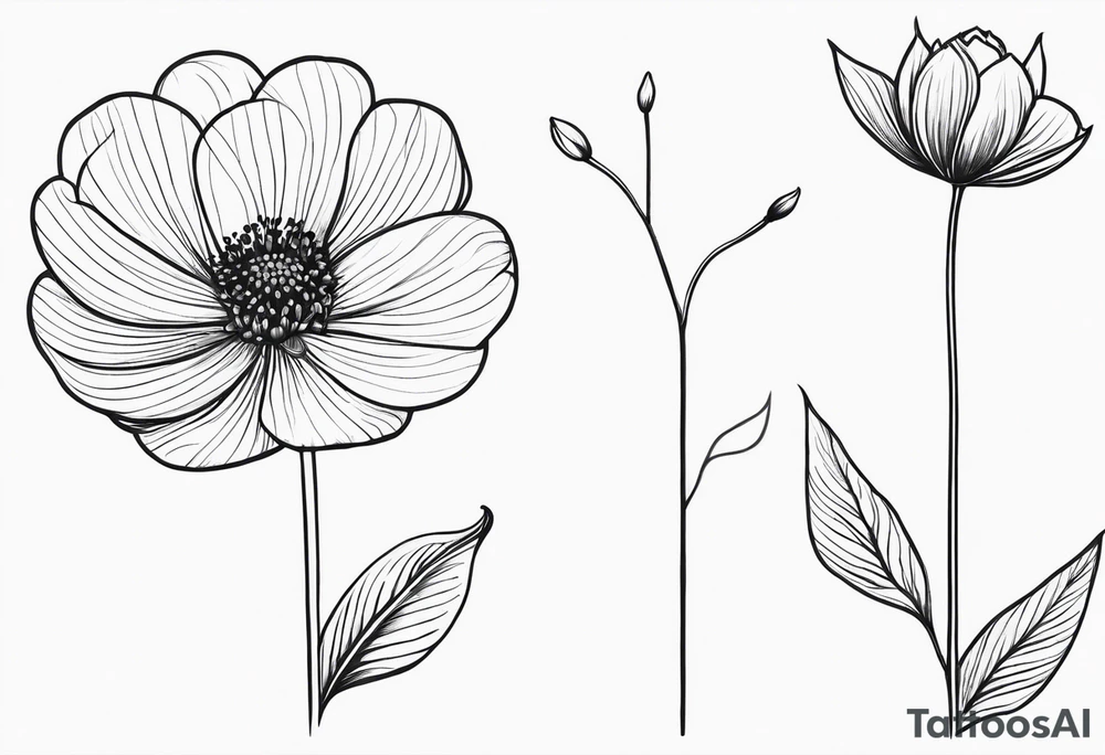 one very simple and no detailed waratha flower with stem in black and white, fine-line, very minimalistic, only a few lines tattoo idea