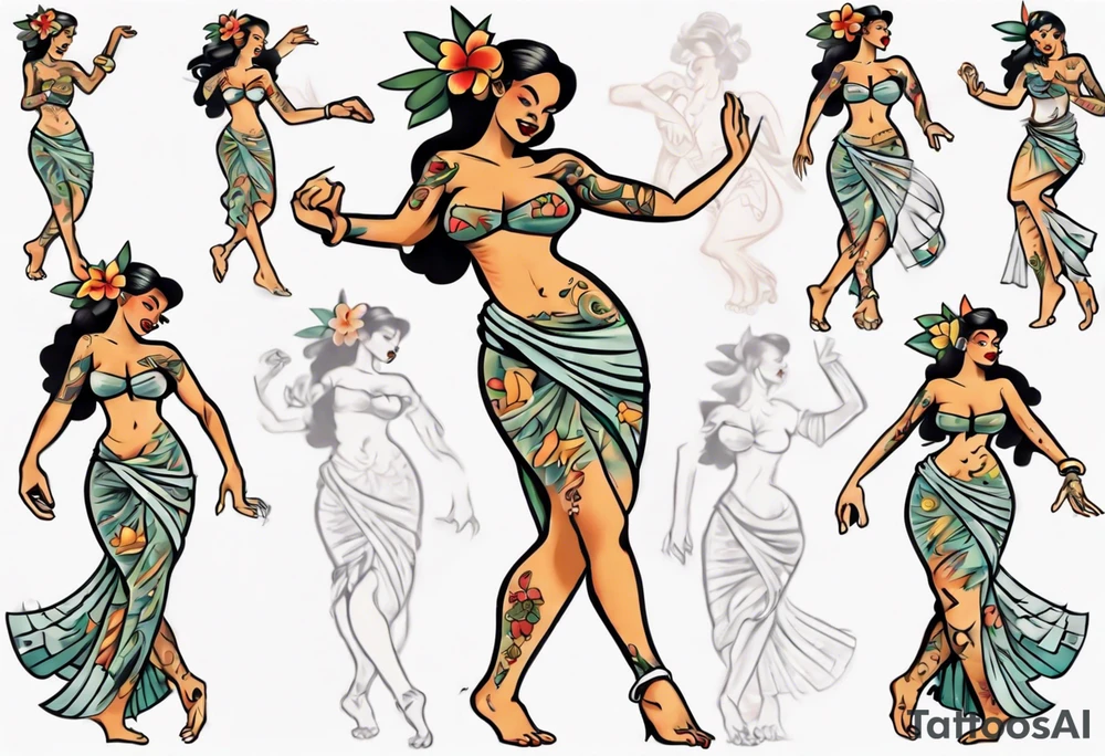 Old School Tattoo Style, Hula Girl dancing, full body, white background --no skin tattoo idea