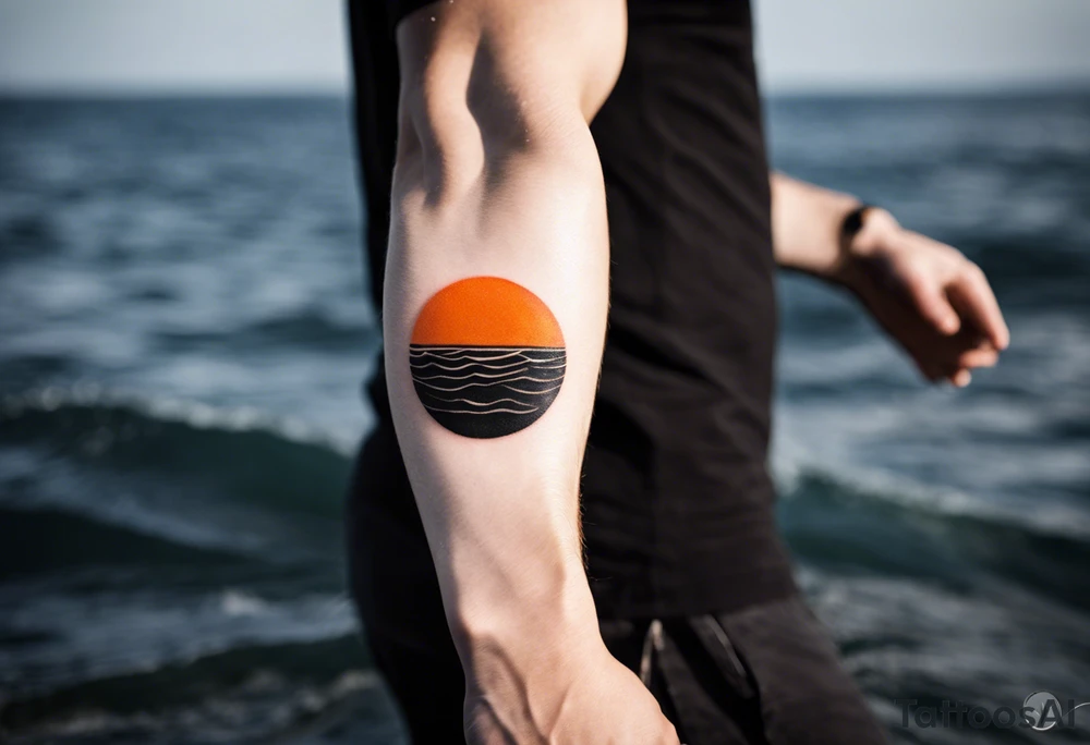 This is an extremely simple and minimalistic tattoo on male forearm. It is black and white with minuscule splashes of orange from the sun. The tattoo 4 inches wide by 2 inches tall. I is NOT a circle. From the perspective of being on the ocean, Water is calm, with no waves in sight, the sun is setting behind the ocean, reflecting light onto the ocean. tattoo idea