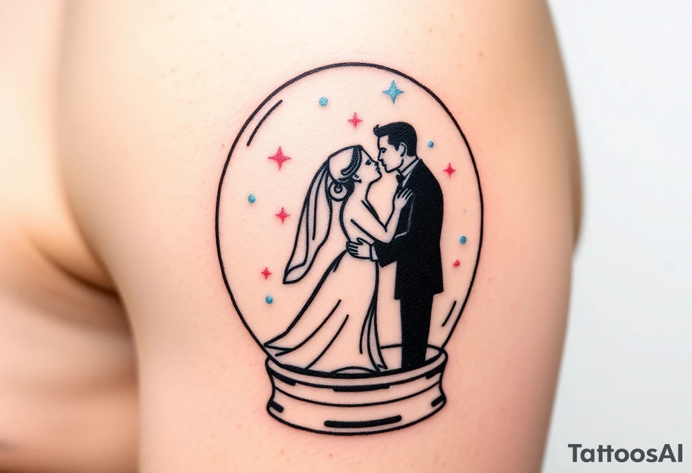 A tender kiss between bride and groom captured inside a glass snow globe, with soft pastel pink and light blue sparkles tattoo idea