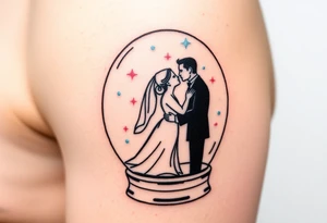 A tender kiss between bride and groom captured inside a glass snow globe, with soft pastel pink and light blue sparkles tattoo idea