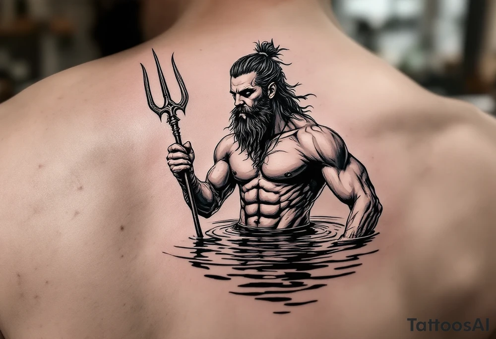 young, fit poseidon in calm water, holding a trident, drinking a beer, with foot on his bicep tattoo idea