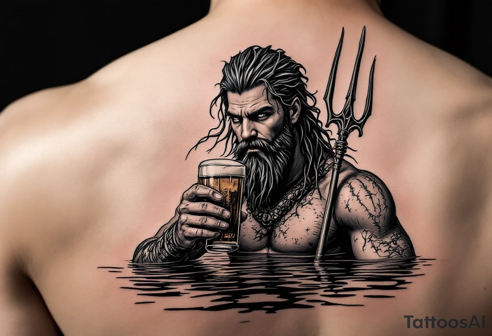 young, fit poseidon in calm water, holding a trident, drinking a beer tattoo idea