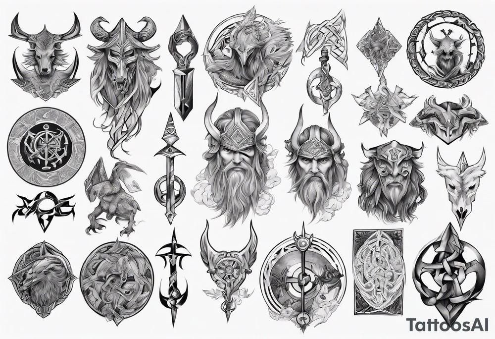 Upper arm sleeve of norse mythology symbols tattoo idea