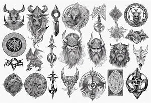 Upper arm sleeve of norse mythology symbols tattoo idea