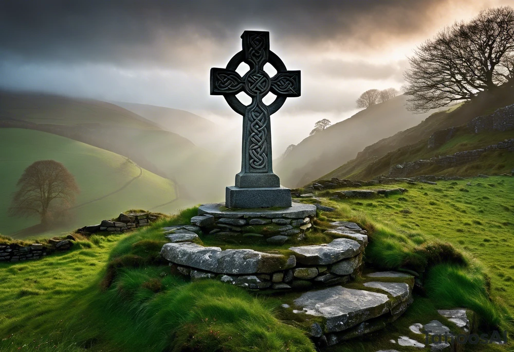 A stone Celtic cross standing tall against the backdrop of a misty, overgrown hillside. The cross is fashioned from weathered gray stone, its arms intricately carved with intertwining knots and spirals that evoke the artistry of ancient Celtic craftsmanship. At the intersection of the arms, a large, flat stone serves as the base, adorned with a carving of a knotwork circle. Perched atop the outermost arm of the cross is a raven, its ebony feathers shining in the soft, diffused light. The bird's head is tilted slightly to the side, its beady eyes fixed on something in the distance, as if lost in thought or contemplation. The surroundings are quiet and serene, with a light breeze rustling through the wild grass and the distant calls of unseen birds. The Celtic cross stands as a testament to the enduring spirit of the Celts, its presence echoing through the centuries, its story waiting to be told. tattoo idea