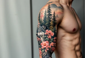 evergreen forest with sakura trees and wolf tattoo idea