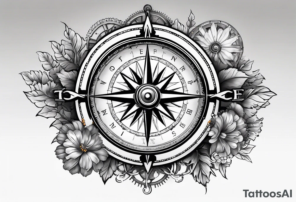 A Vintage compass with gears and marigold flower behind it. tattoo idea