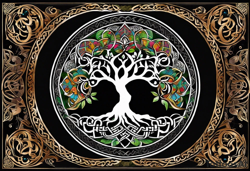 Design a tattoo that combines a Celtic tree of life, with mandala patterns. The leaves of the tree also follow a mandala pattern. The colours of the patterns and tree form an abstract yin-yang. The upper part of the tree has white background and is dark/black and the bottom part has dark background while the tree and patterns are white, making it look like a yin-yang. The two circles of the yin-yang are leaves of the tree and represent lotus flowers. tattoo idea