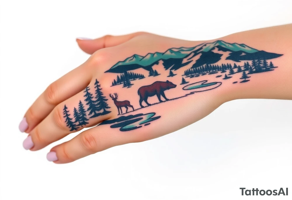 A full-sleeve with the Härjedalen landscape, reindeer, bear, lakes, mountains (Helags), tattoo idea