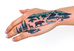 A full-sleeve with the Härjedalen landscape, reindeer, bear, lakes, mountains (Helags), tattoo idea