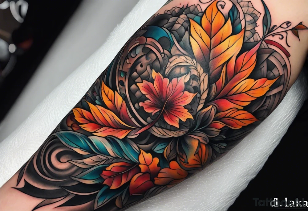 Arm Sleeve Tattoo with fall colors flat tattoo idea
