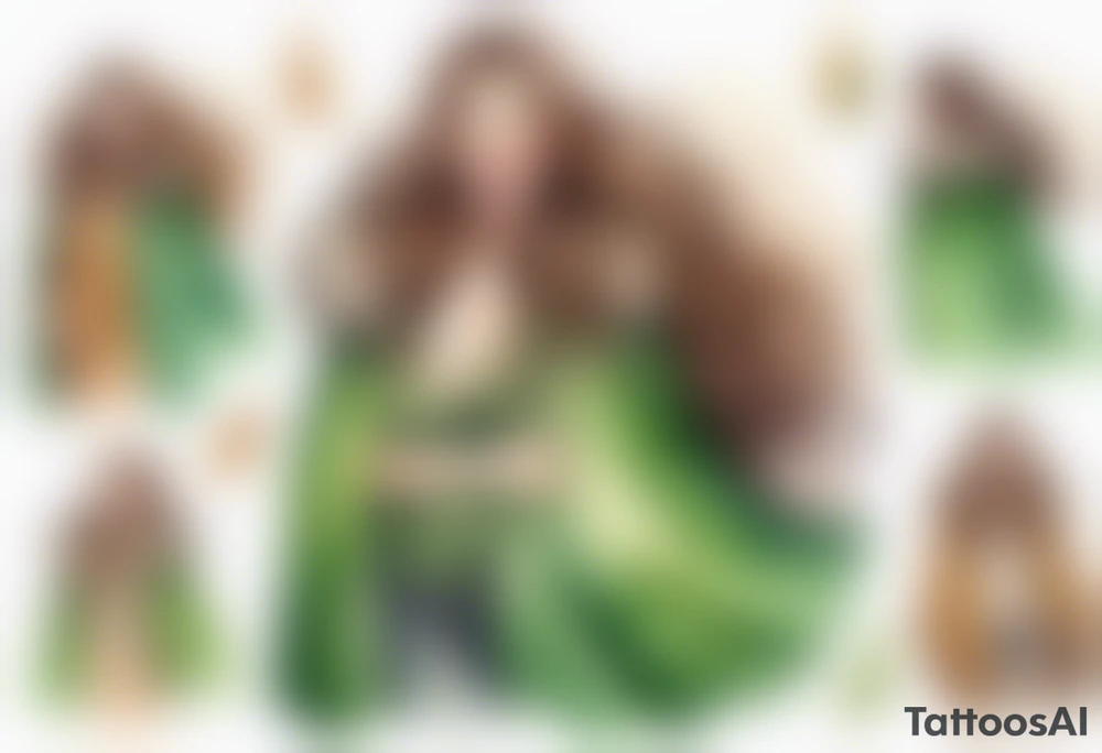 a watercolor of a curvy woman with long brown hair and light brown skin and green eyes wearing a fur cloak laughing tattoo idea